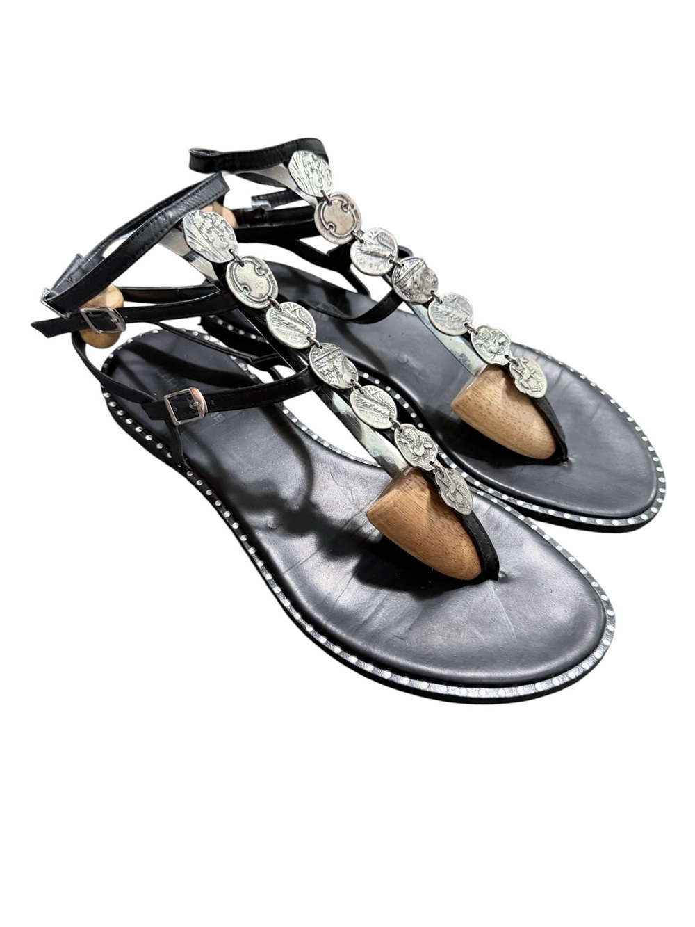 Makis Kotris Kythira Sandals Black Leather Silver Coins Gladiator Size 41